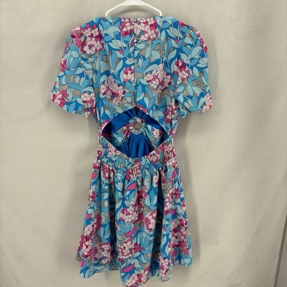 Milk & Honey Women’s Medium Pink & Blue Floral Mini Dress open Back v-neck - Picture 3 of 9